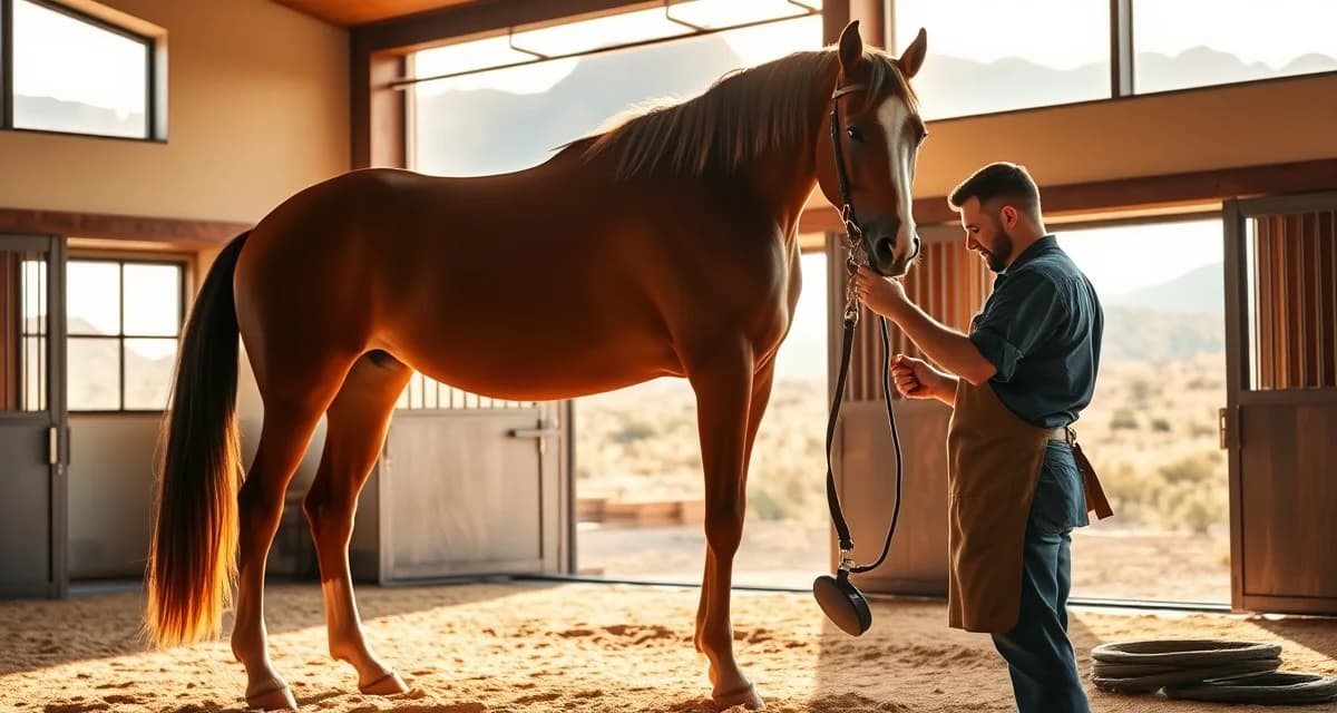 Expert Farrier Services for Scottsdale Show Horses Professional farrier applying horseshoe to show horse in Scottsdale Arizona barn with desert backdrop