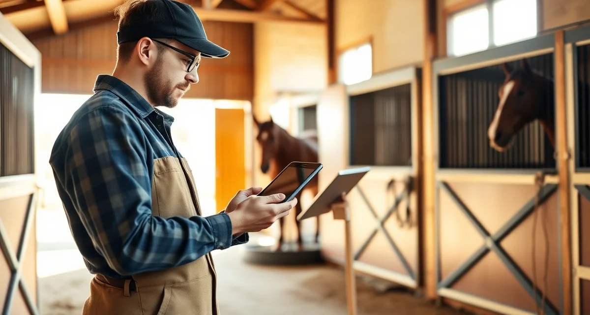 Farrier business management on mobile device Solo farrier using mobile scheduling software to manage business operations and client appointments from phone