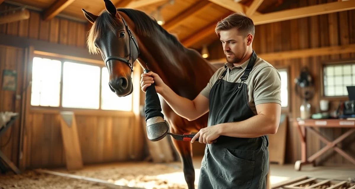 Farrier managing multiple horses with streamlined scheduling Professional farrier managing horse hoof care with efficient scheduling system for multiple clients.