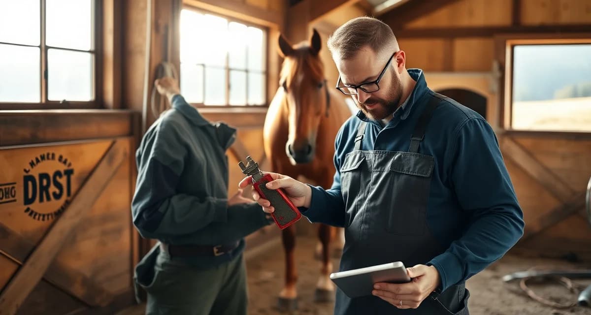 Modern farrier scheduling technology for Pacific Northwest horse communities Farrier using professional hoof care management software on tablet while working with horse in Spokane, Washington stable.