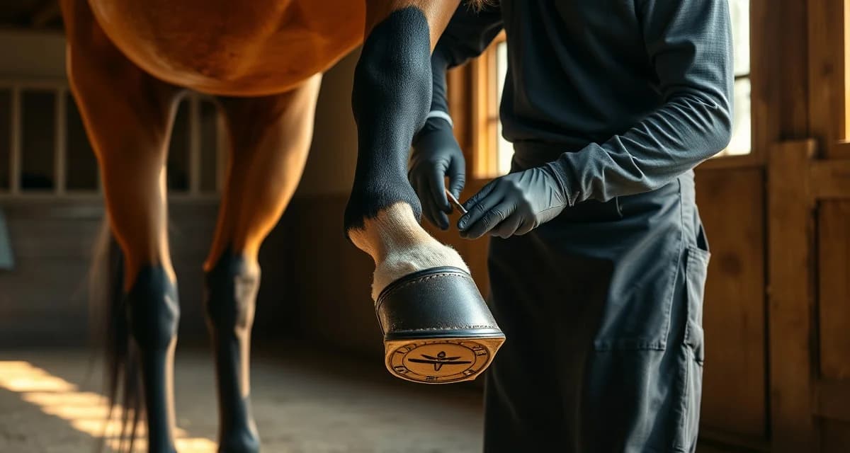 Professional farrier care for sport horses Expert farrier performing precision hoof trim and shoeing on a sport horse, demonstrating proper farrier scheduling technique for competition performance.