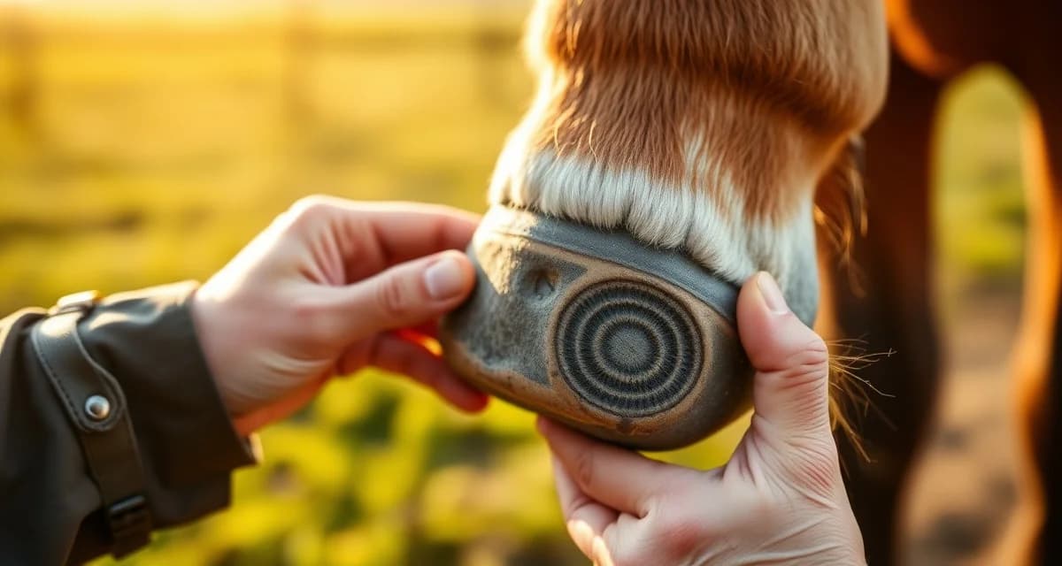 Spring hoof growth examination and shoeing assessment Farrier examining horse hoof during spring season showing increased growth and hoof care management techniques