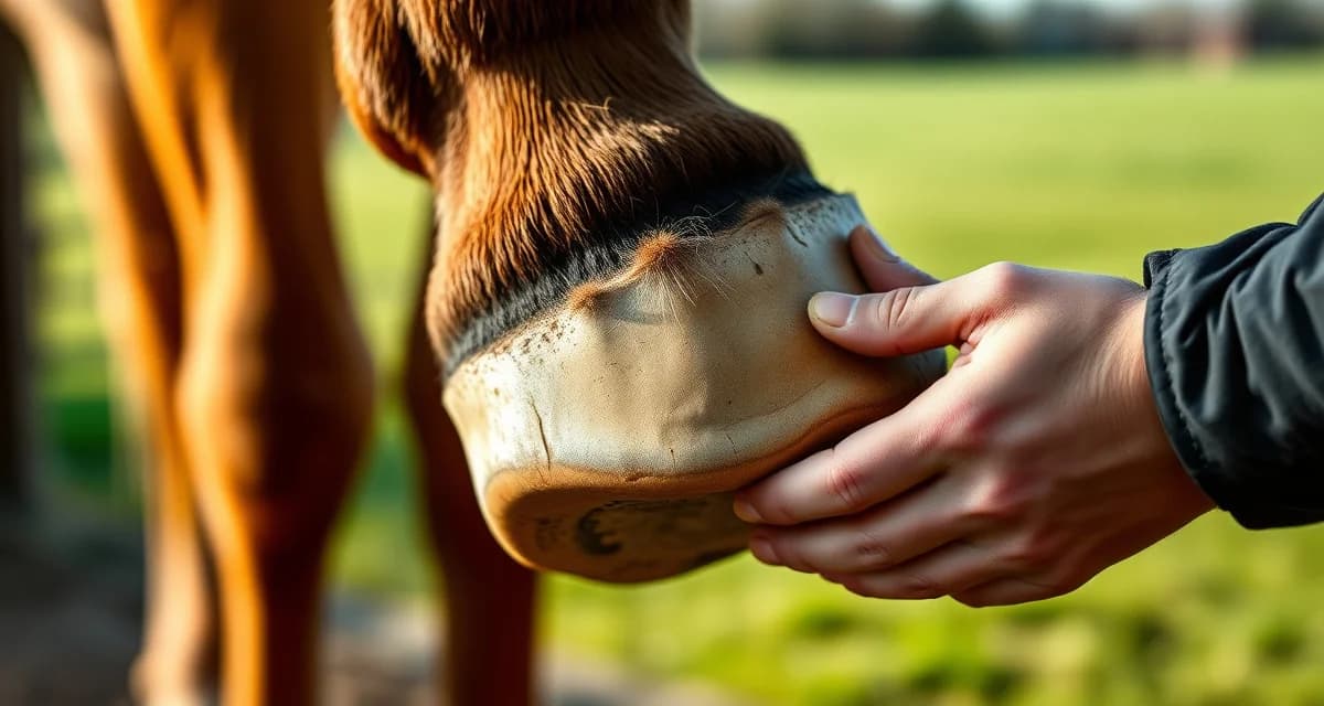 Professional spring hoof inspection by experienced farrier Farrier examining horse hoof during spring maintenance to check for seasonal hoof care issues and moisture damage