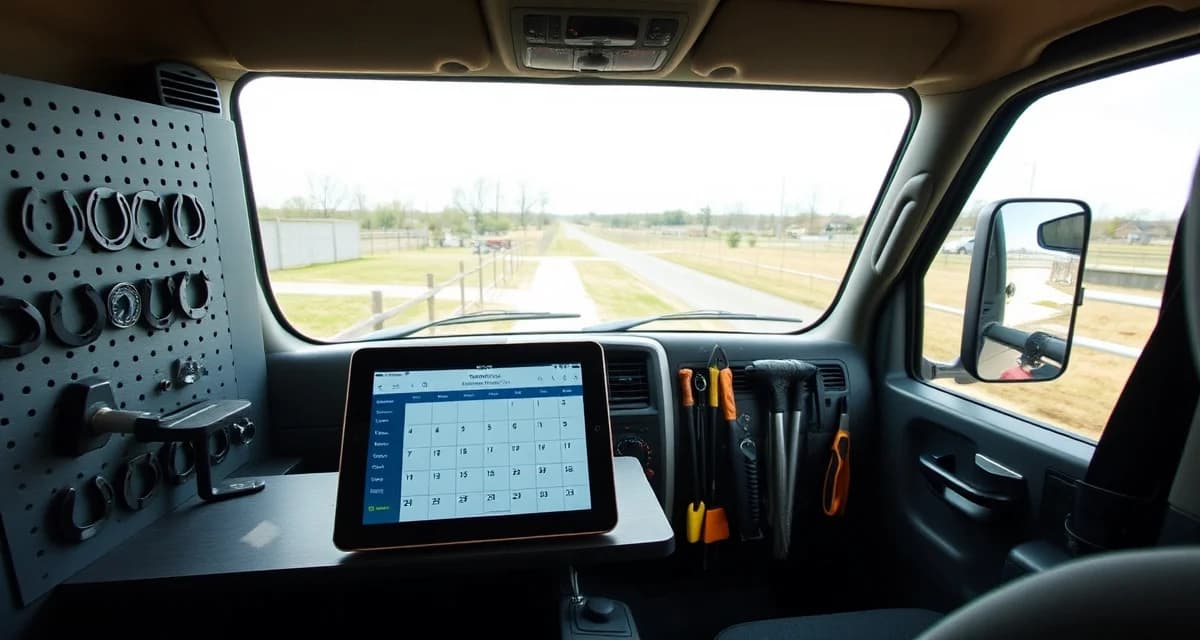 FarrierIQ scheduling solution for St. Louis farriers Farrier scheduling app interface displayed on tablet with St. Louis metro horse service route map and hoof care management tools