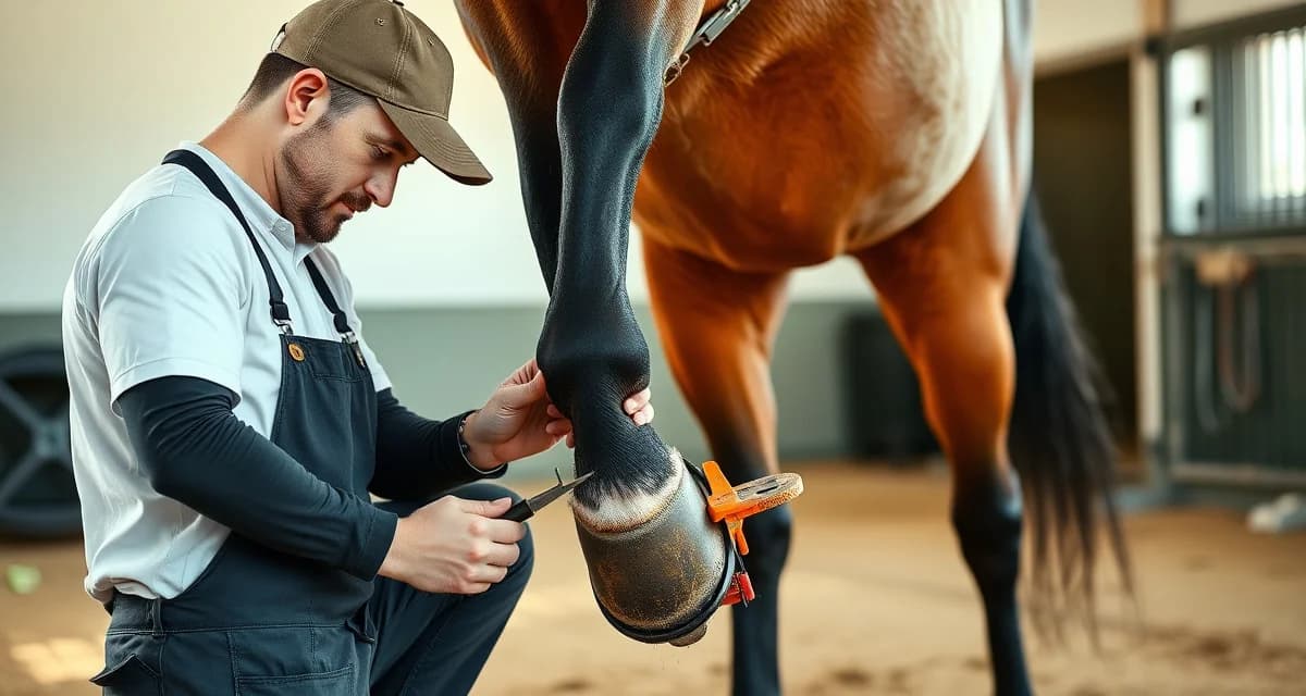 Standardbred retirement shoeing transition process Experienced farrier performing specialized shoeing transition work on a retired Standardbred racehorse's hoof