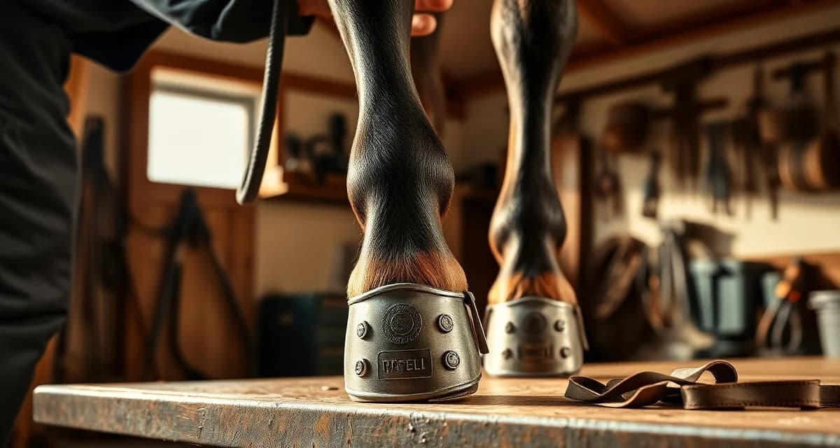 Standardbred racing shoe fitting for trotters and pacers Professional farrier applying custom racing shoes to standardbred harness racing horse for optimal gait performance
