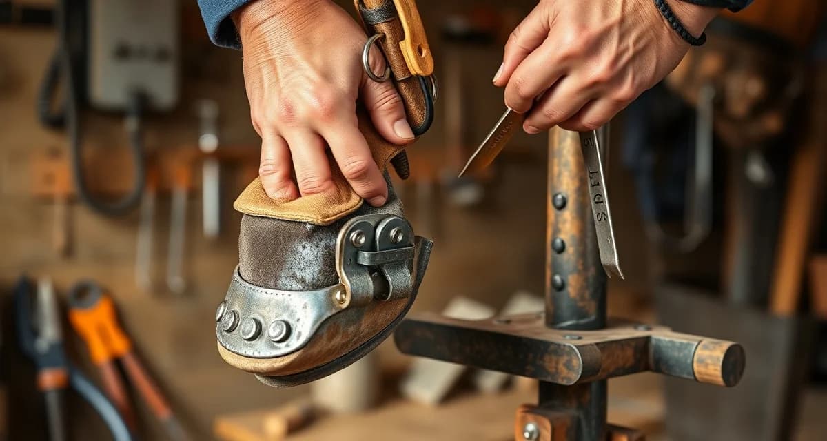 Professional standardbred shoeing technique Farrier demonstrating standardbred horse shoeing technique with racing shoes and hoof care tools in professional workshop setting.