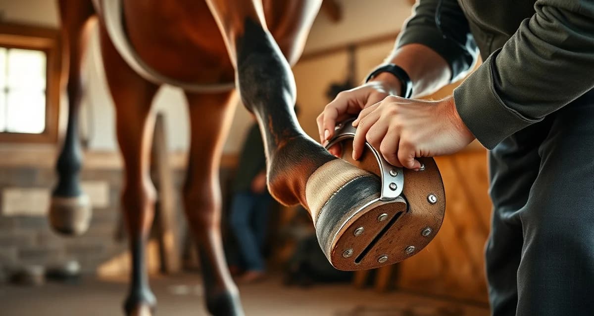 Professional farrier shoeing technique for retired racehorses Farrier fitting specialized horseshoe to retired Standardbred horse's hoof during transition from racing to trail riding