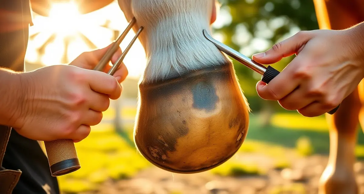 Professional farrier performing summer hoof care assessment Farrier examining horse hoof for summer damage including cracking and white line disease during hot weather conditions