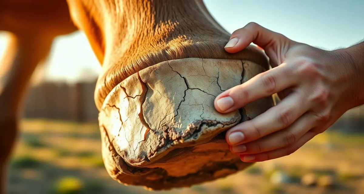 Summer hoof crack examination Close-up of horse hoof with visible dry cracks and heat damage during summer, demonstrating hoof wall cracking issues farriers manage in hot weather.