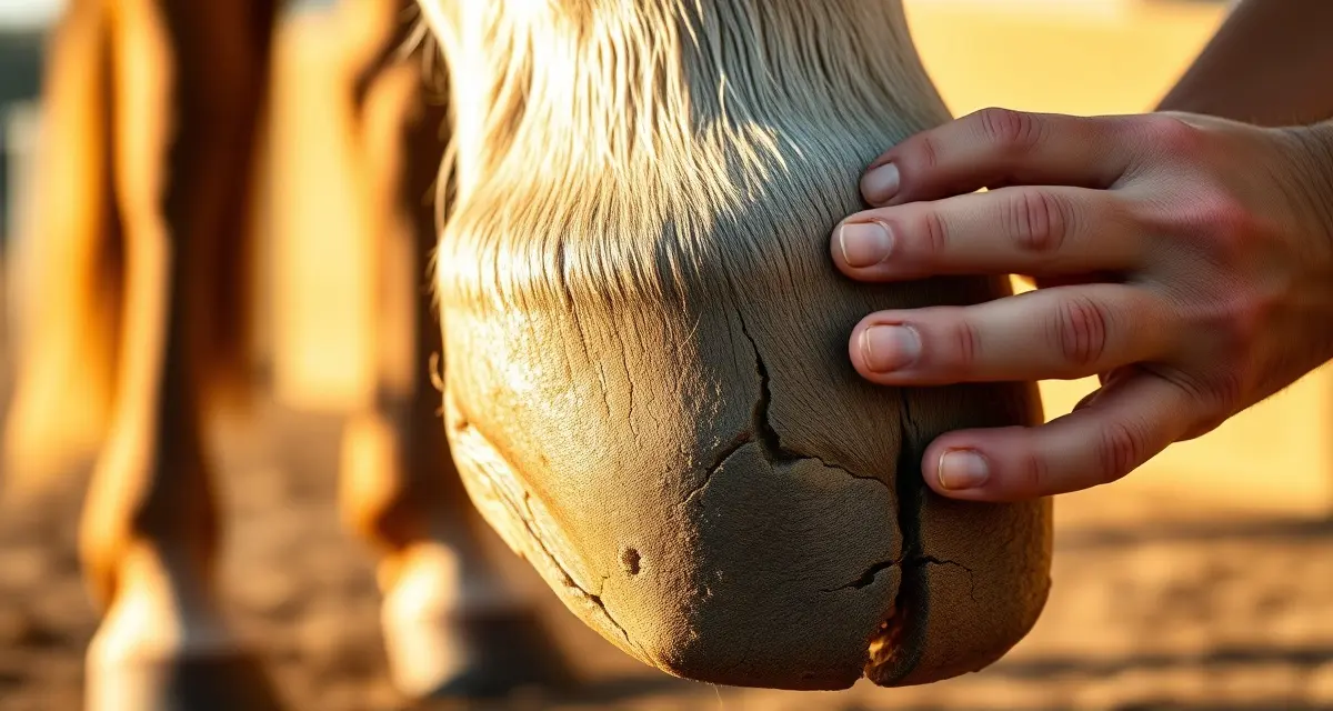 Farrier examining dry horse hooves in summer Close-up of dry, brittle horse hoof with visible cracks being examined by a farrier during summer hoof care assessment.