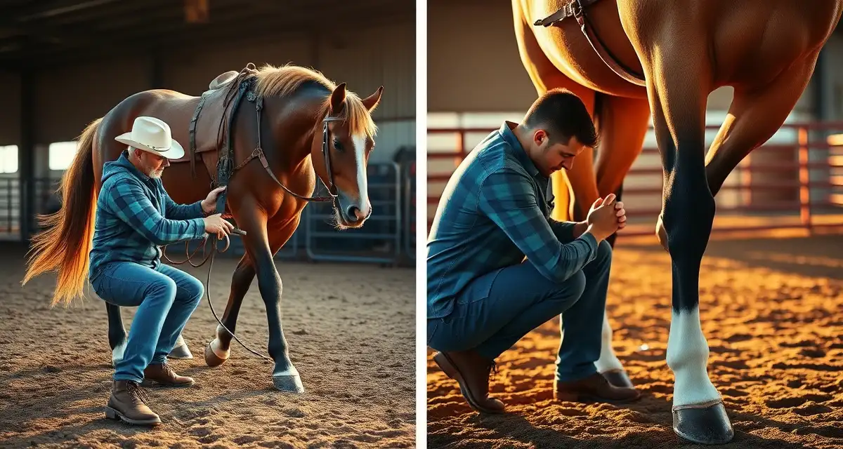 Team roping horse shoeing and hoof care Professional farrier applying specialized horseshoes to team roping horse, demonstrating position-specific hoof care for headers and heelers.