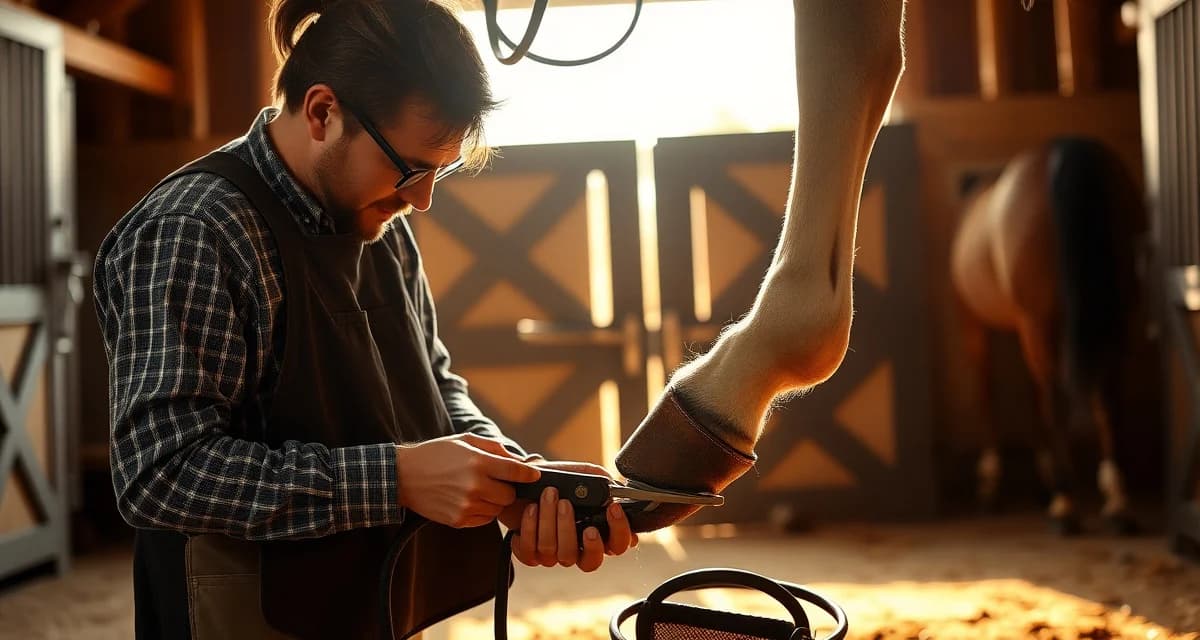 Expert farrier shoeing a Tennessee horse Professional farrier performing hoof care on a Tennessee Walking Horse in a barn setting with specialized tools and equipment.