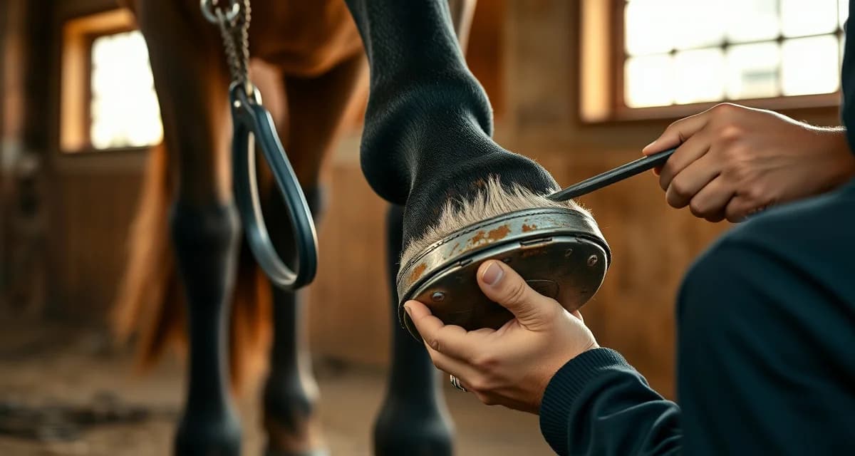 Farrier hoof care and horseshoe pricing service Professional farrier trimming horse hoof with specialized tools during shoeing service in Tennessee stable.