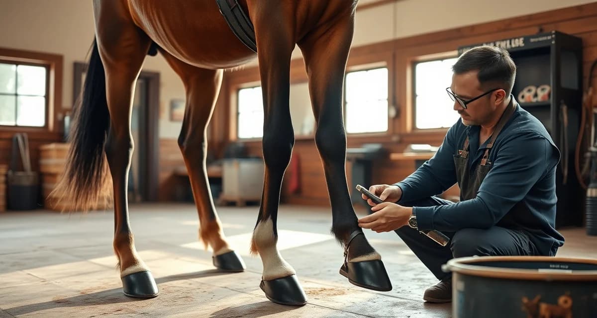 Expert farrier fitting performance shoes on Walking Horse Professional farrier applying specialized plantation shoes to Tennessee Walking Horse hooves for show preparation