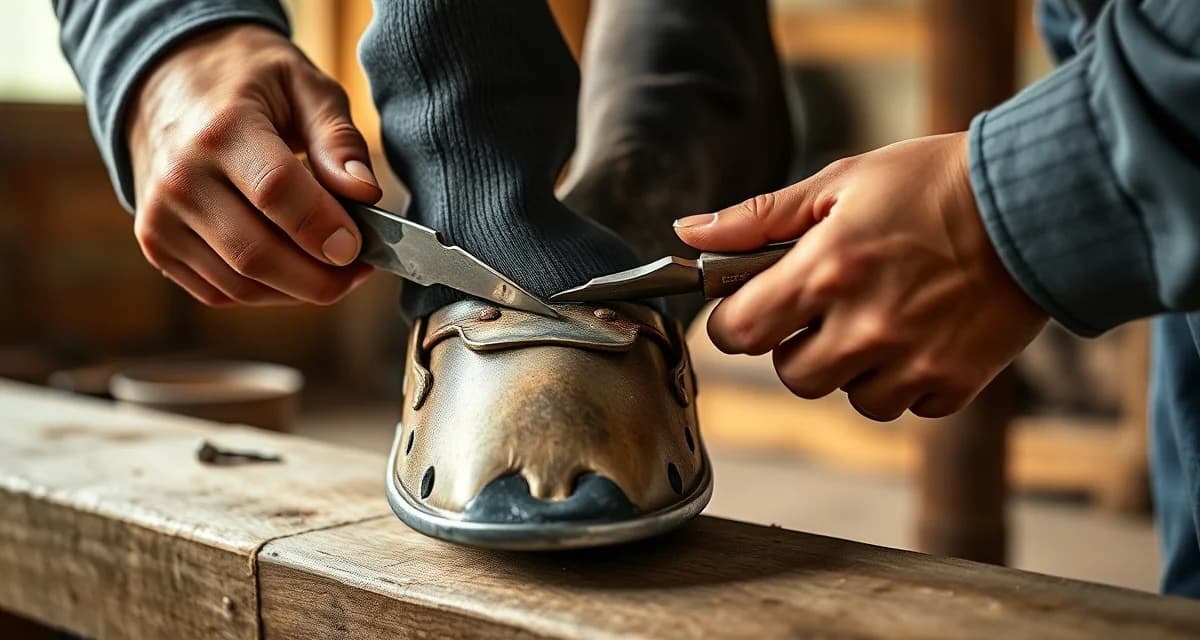 Specialized therapeutic shoeing for equine hoof care Farrier applying therapeutic corrective shoe to horse's hoof with specialized metalwork and trimming techniques for hoof health.