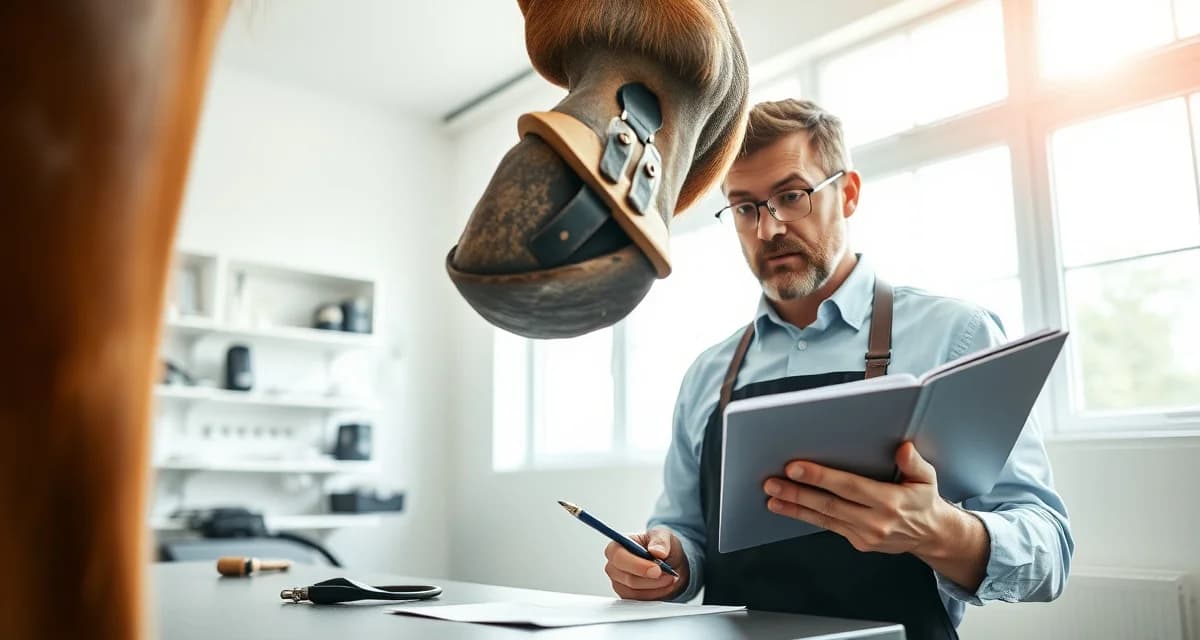 Professional therapeutic shoeing documentation process Farrier documenting therapeutic shoeing notes for corrective hoof care treatment on horse during appointment