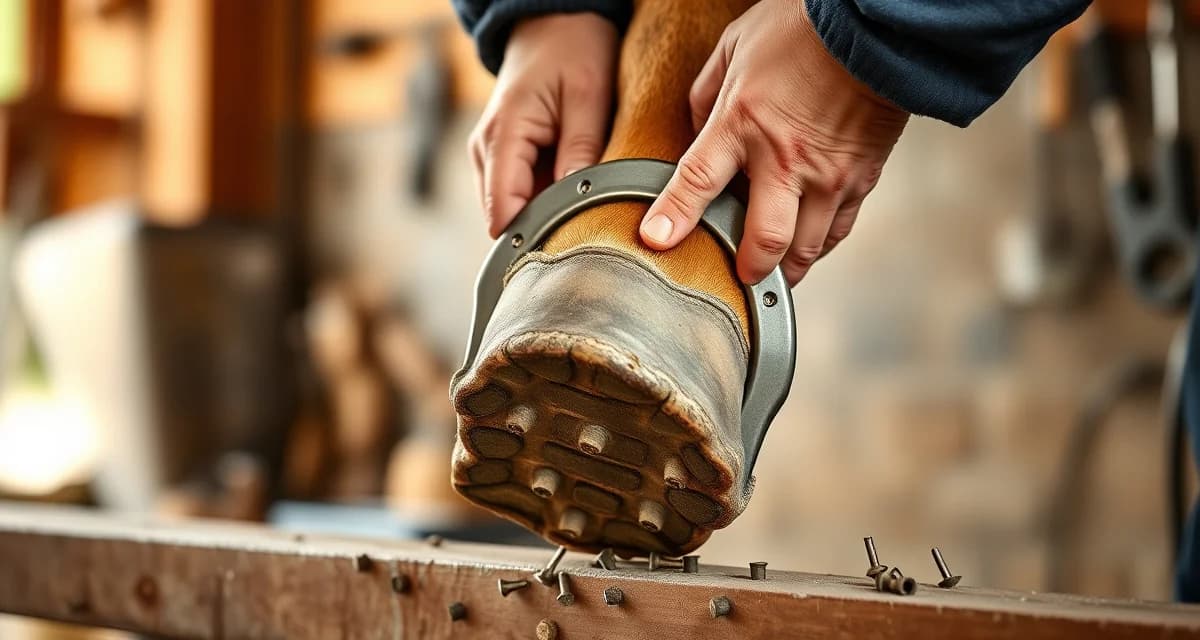 Professional farrier shoeing technique for barrel racing Thoroughbreds Farrier applying specialized shoes to Thoroughbred hoof for barrel racing, demonstrating nail placement technique for thin hoof walls.