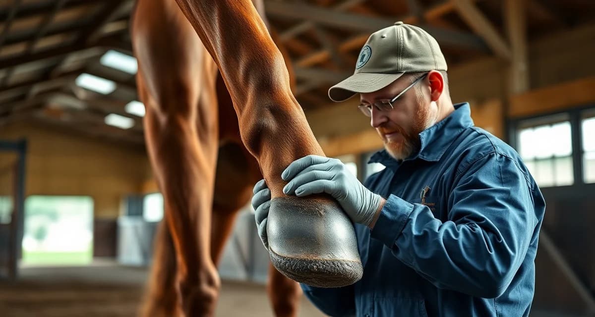 Premium Thoroughbred farrier services with professional scheduling Experienced farrier providing professional hoof care to a Thoroughbred horse on a premium Kentucky farm using FarrierIQ scheduling system