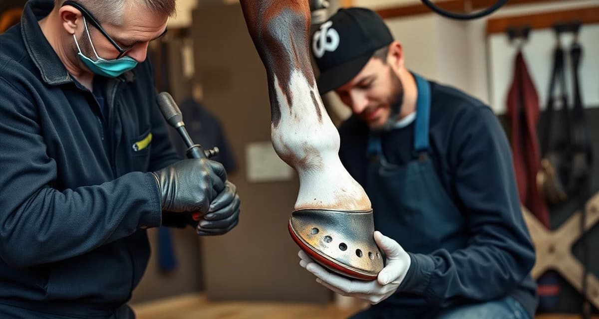 Professional thoroughbred farrier shoeing technique Farrier applying specialized aluminum racing shoes to a thoroughbred horse's hooves during precision farrier care appointment
