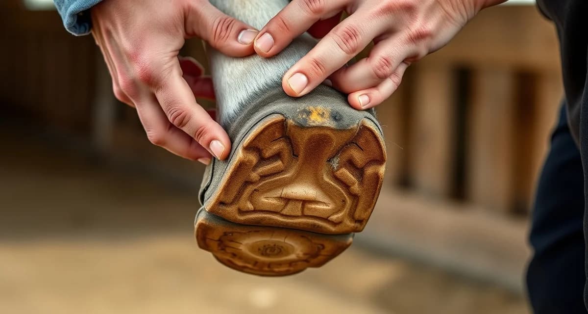 Professional thoroughbred hoof shoeing and care Farrier examining thoroughbred horse hoof showing thin wall structure and proper shoe placement for racing horses