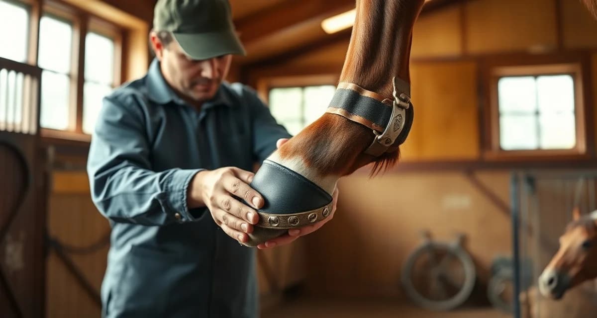 Expert thoroughbred shoeing and hoof care Farrier fitting horseshoe on thoroughbred's hoof, showing proper shoeing technique for racing horses