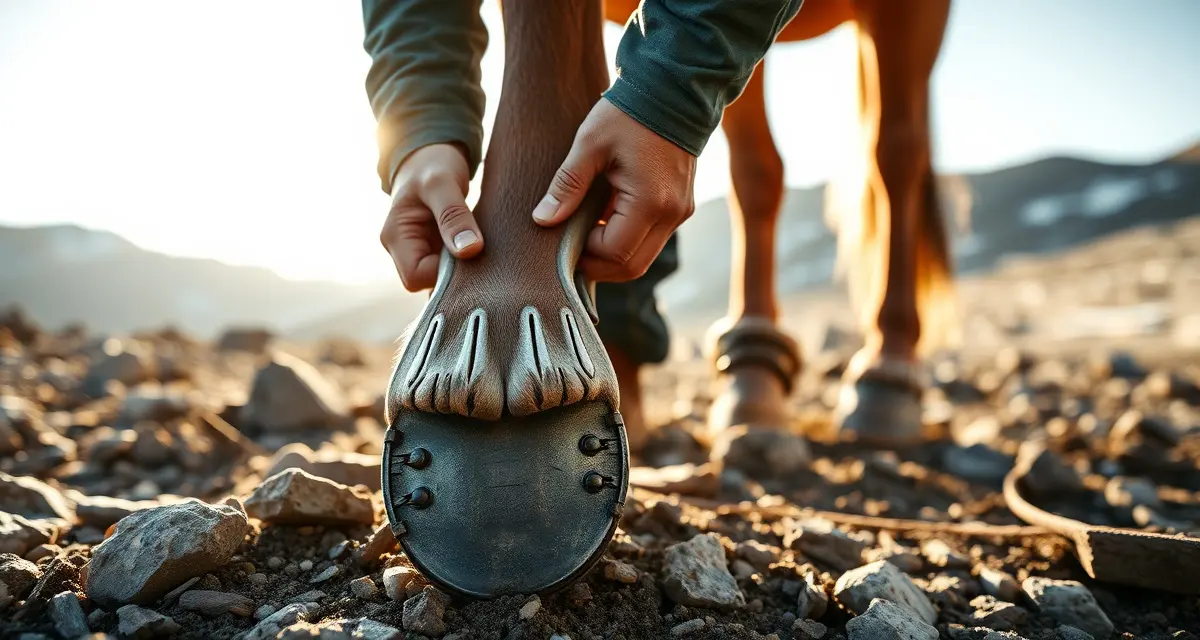 Trail horse shoeing maintenance and hoof care assessment Farrier inspecting worn horseshoe on trail horse's hoof to determine shoeing frequency based on terrain wear patterns