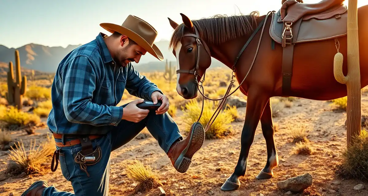 Professional farrier serving Tucson desert communities Farrier trimming horse hooves in Tucson Arizona with desert mountains and saguaro cacti in background