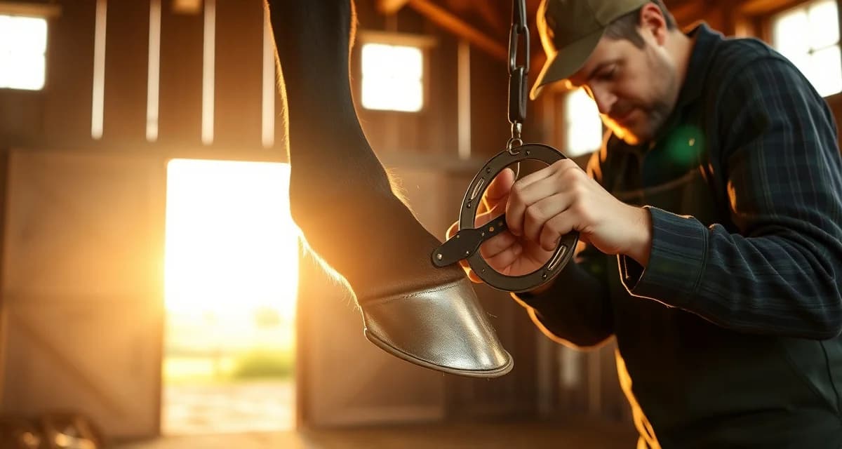 Professional farrier shoeing horse in Vermont barn Farrier applying horseshoe to horse hoof, Vermont farrier pricing and hoof care services