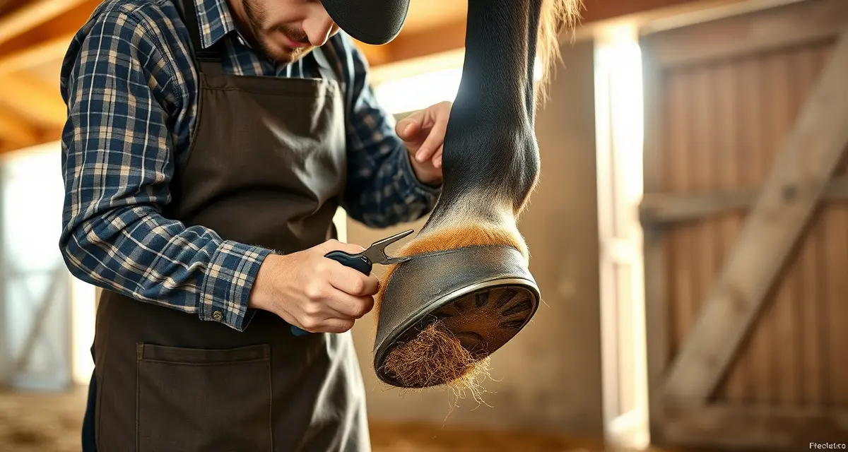 Expert farrier performing hoof trim and care services Professional farrier trimming horse hoof in Virginia barn, demonstrating farrier services and hoof care expertise.