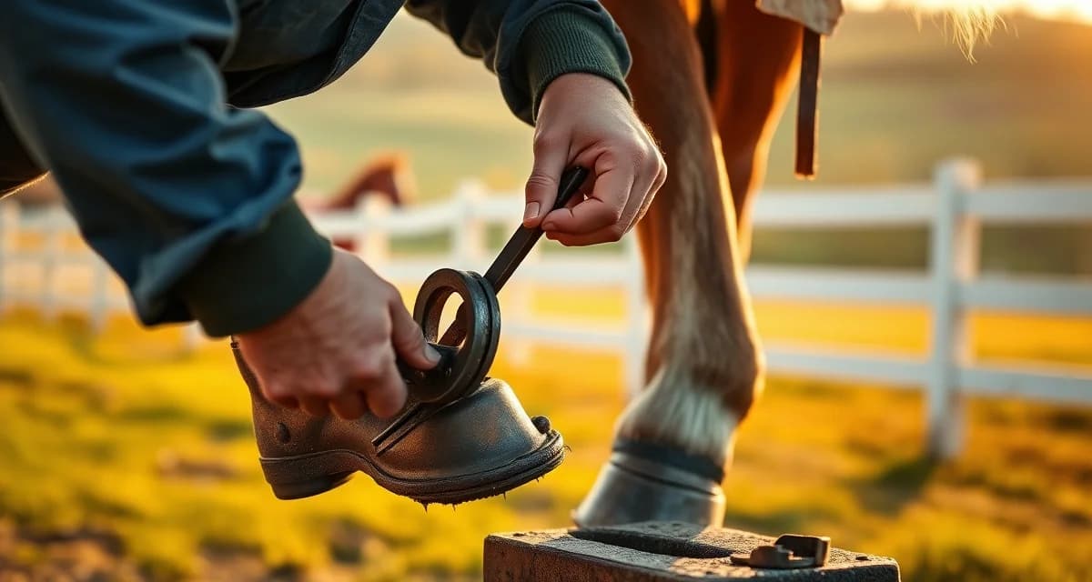 Expert farrier service management in Virginia's horse country Professional farrier trimming and shoeing a horse's hoof with specialized tools in Virginia horse country setting