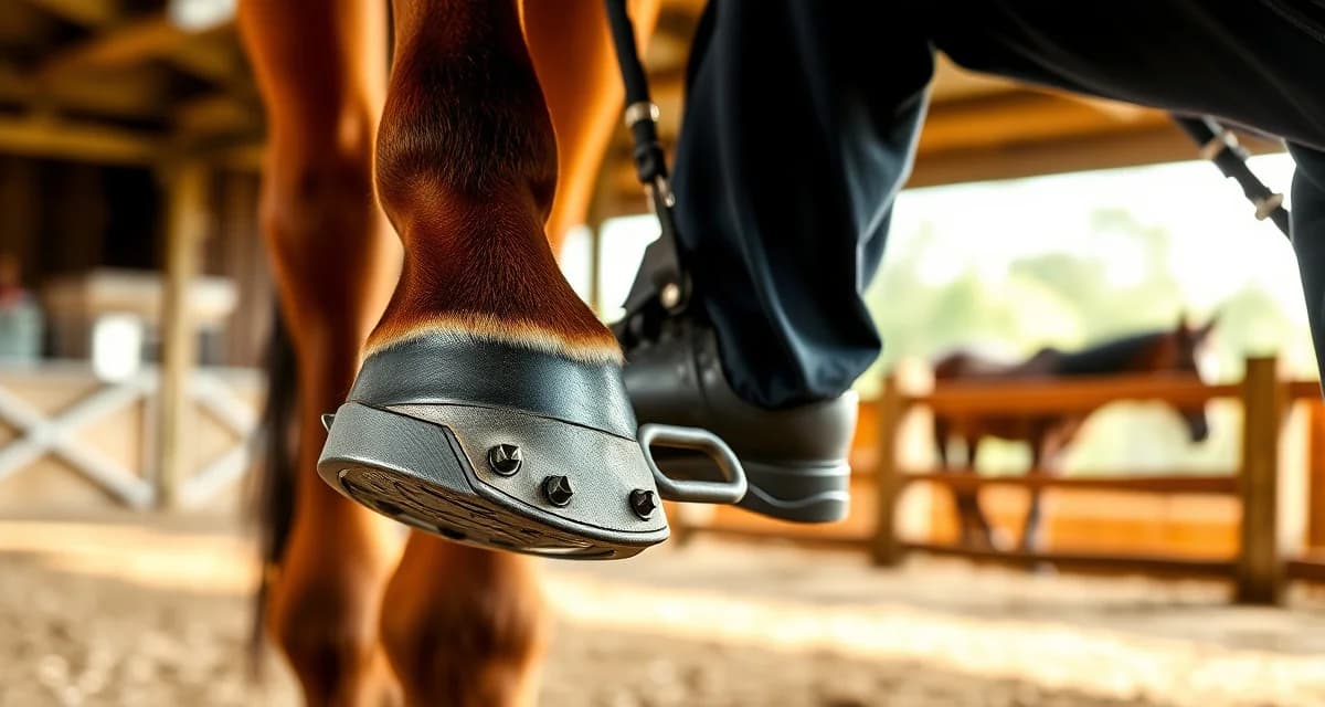 Professional warmblood shoeing for eventing phases Farrier installing specialized studs and shoes on warmblood horse hoof for three-phase eventing competition