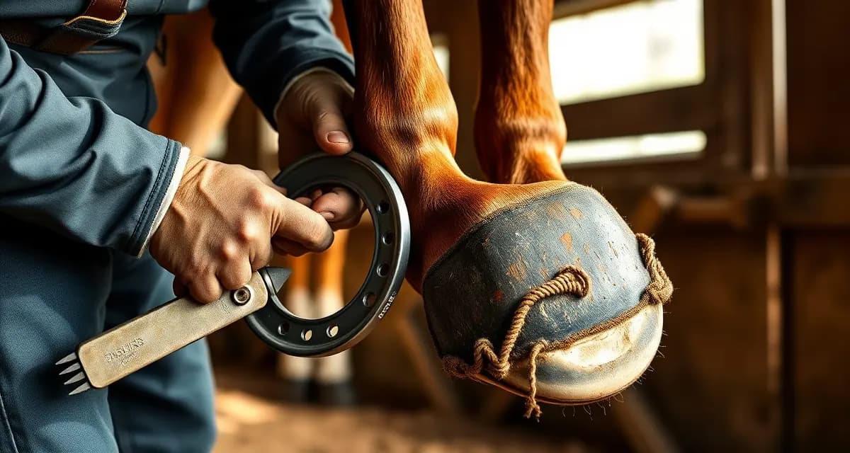 Expert farrier shoeing warmblood for competition Farrier applying horseshoe to warmblood horse hoof during professional farrier work for optimal hoof care management