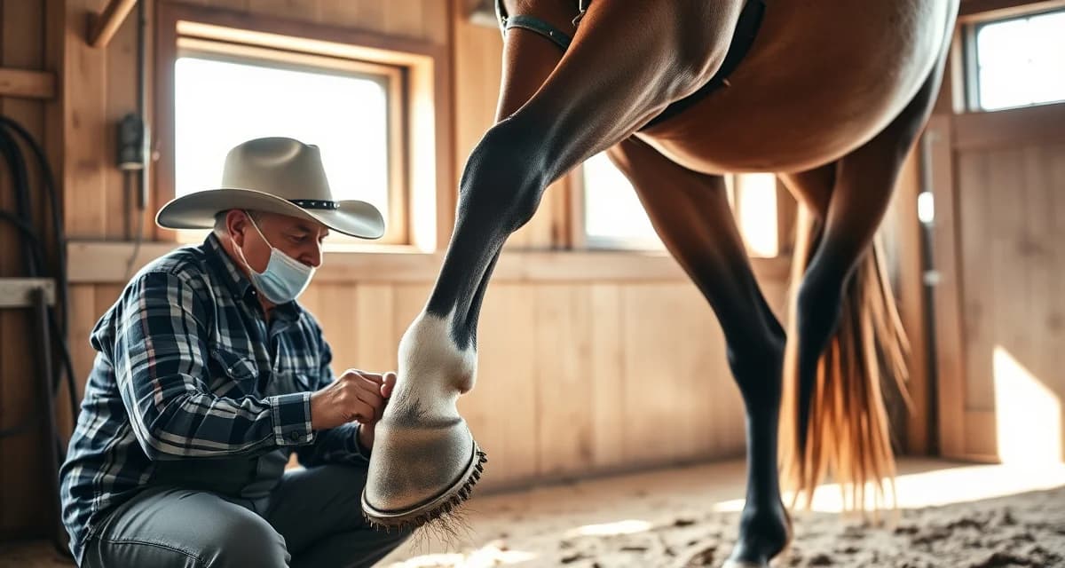 Expert farrier shoeing Western pleasure horse Professional farrier applying horseshoes to a Western pleasure horse for optimal hoof care and show performance management.