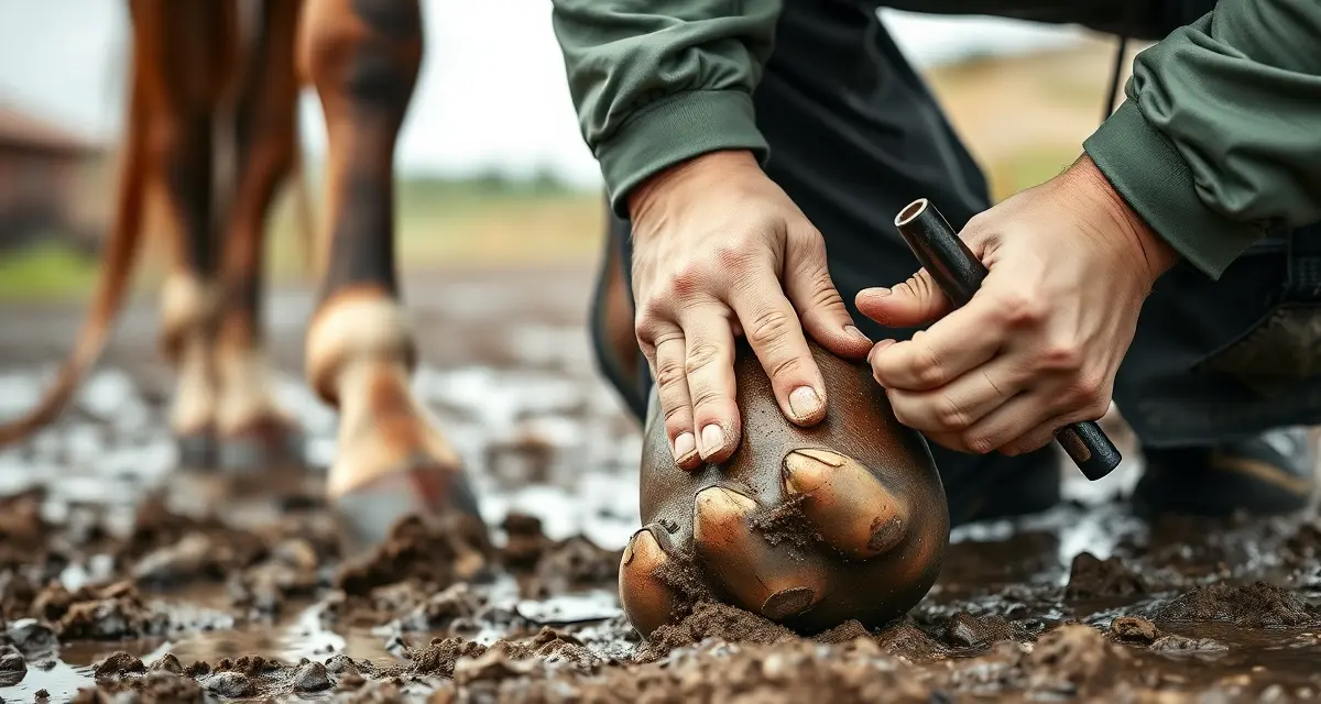 Wet Season Hoof Care Management Farrier examining and treating a horse's hoof during wet season conditions to prevent thrush and manage moisture-related hoof issues