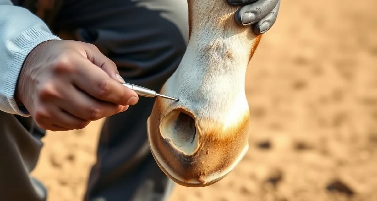 White line disease hoof examination for treatment tracking Close-up of horse hoof showing white line disease separation and cavity during farrier examination and treatment documentation