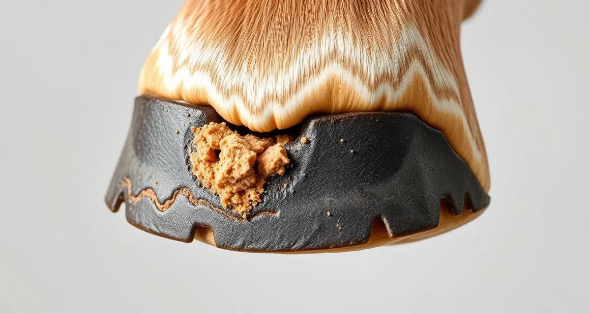 Horse hoof white line disease examination Close-up view of horse hoof showing white line disease with crumbly deterioration at the white line junction between outer wall and sole