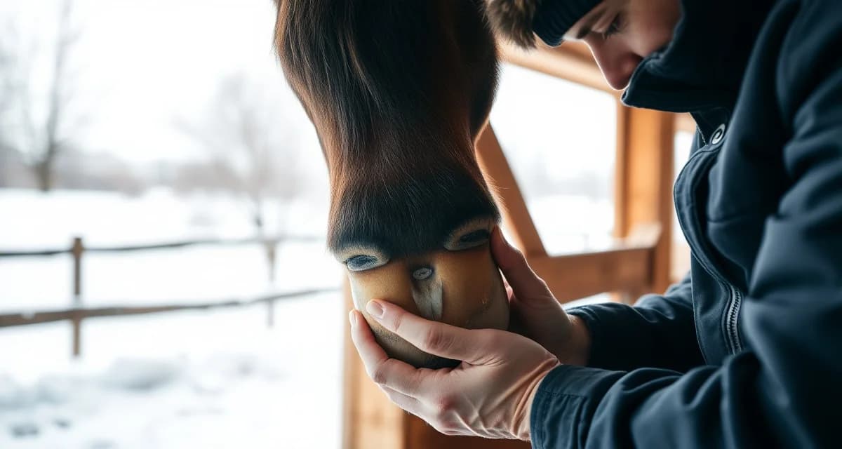 Expert winter farrier hoof care techniques Farrier performing winter hoof care maintenance on horse's hoof with specialized tools and snow visible outside barn