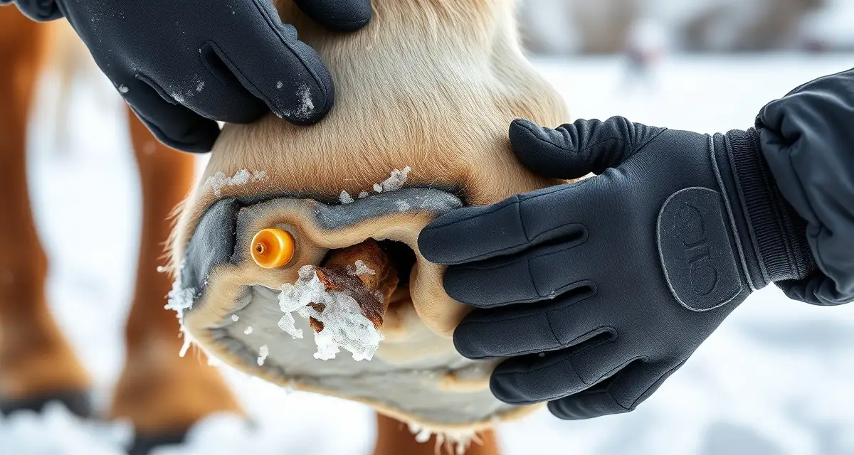 Winter hoof care examination by certified farrier Professional farrier inspecting a horse's hoof during winter hoof care maintenance in snowy conditions