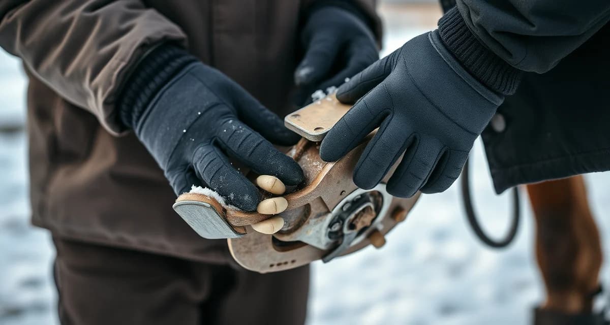 Winter horseshoeing best practices for farriers Professional farrier applying winter horseshoes to horse hoof in cold weather conditions with specialized winter shoeing techniques