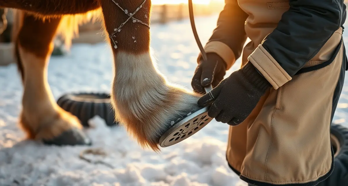 Winter horseshoeing techniques for cold climate farriers Professional farrier applying winter horseshoes to horse hoof in cold weather conditions