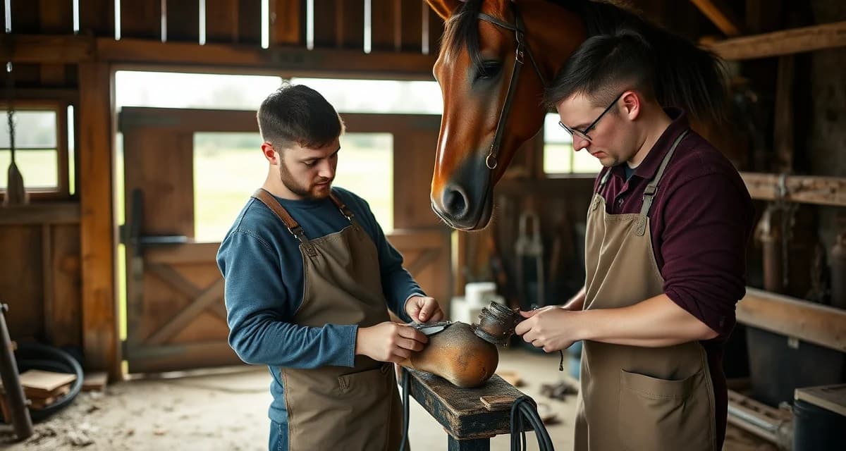Farrier business management in Wisconsin Professional farrier trimming horse hoof using specialized tools in Wisconsin barn with natural lighting and pastoral background