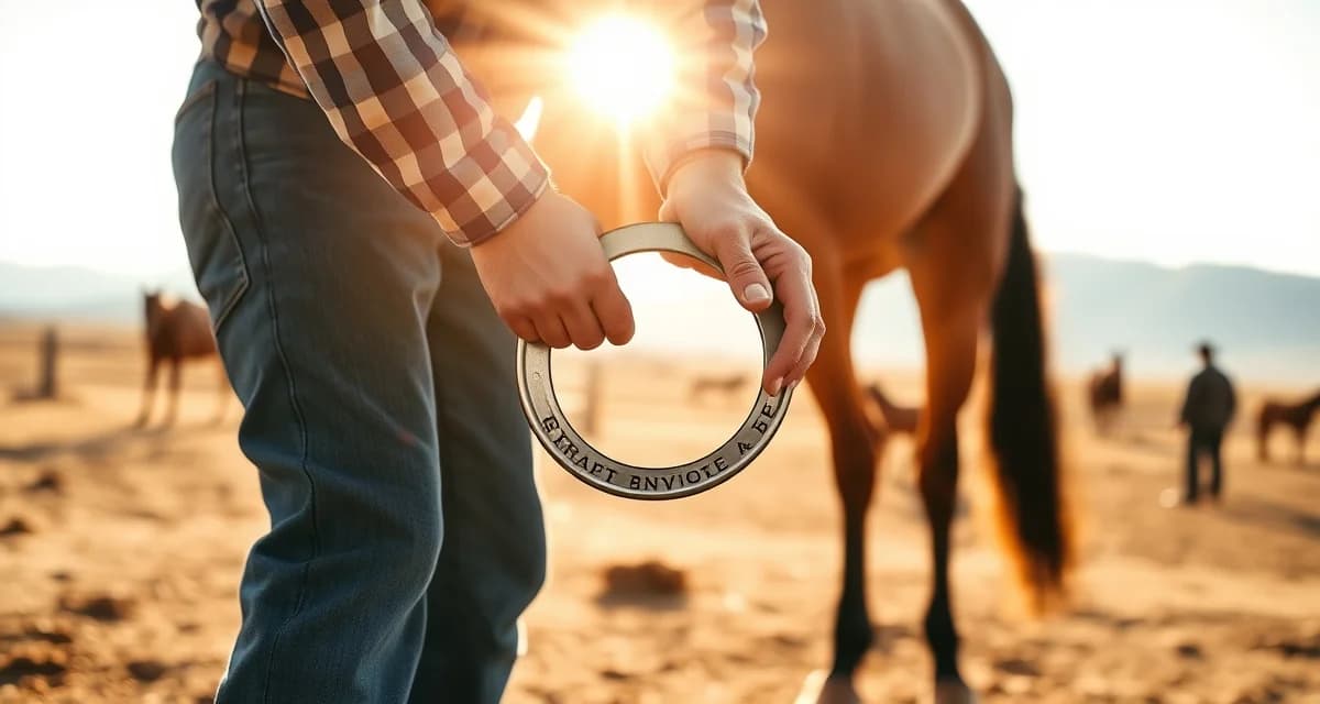 Wyoming farrier pricing and hoof care services Professional farrier applying horseshoe to horse hoof, demonstrating typical farrier service in Wyoming with ranch landscape background.